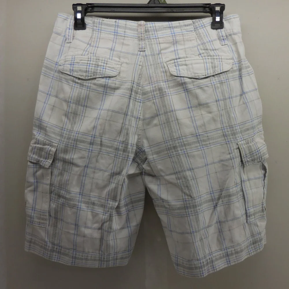 Plugg Mens Plaid Cargo Shorts White Blue Grey Cotton Size 32 Utility Casual
